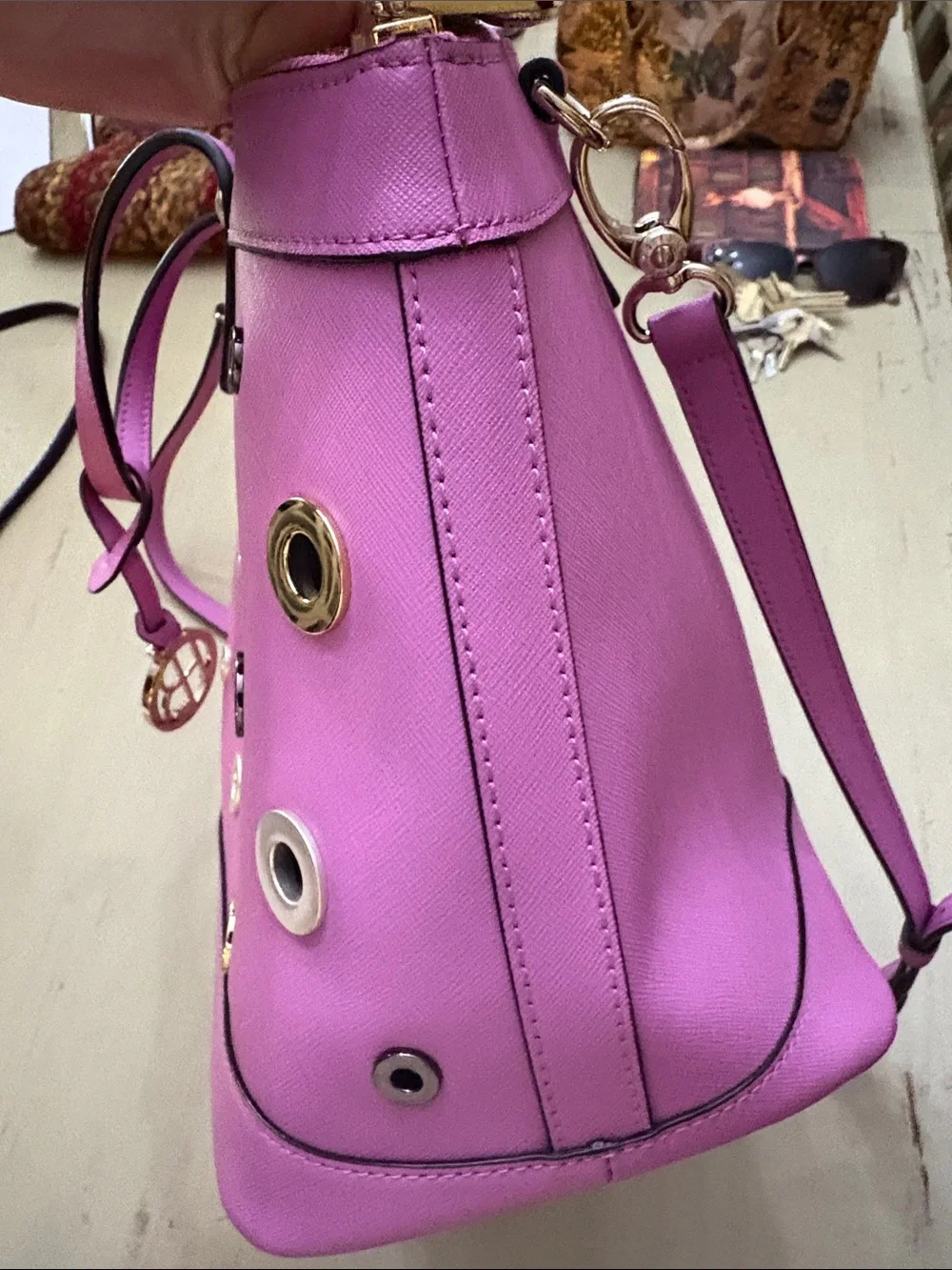 Henri Bendel West 57th Pink Eyelet Satchel with Gold-Tone Hardware